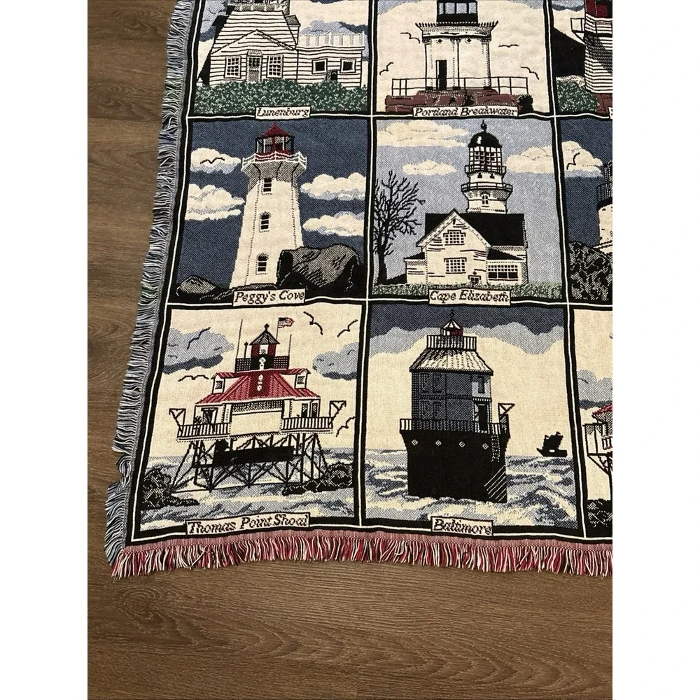 VTG Goodwin Weavers HISTORICAL Lighthouse Tapestry Throw Blanket USA 62 X  42